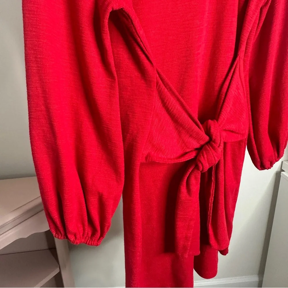 Red Tie-Front Long Sleeve Mini Dress - Picture 3 of 4